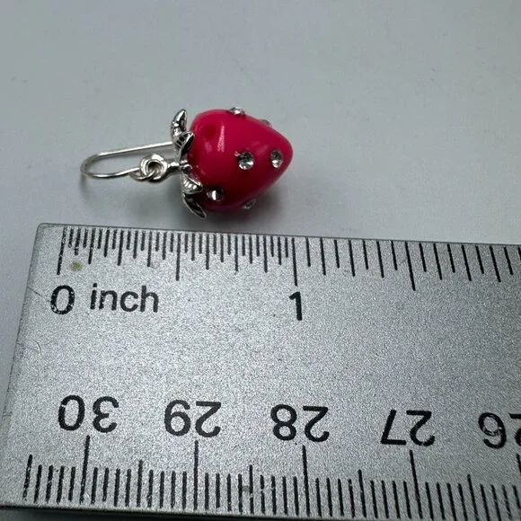 3/$30 Strawberry Dangle Earrings Pink Silver Tone Rhinestone Accents Fruit - Picture 9 of 11
